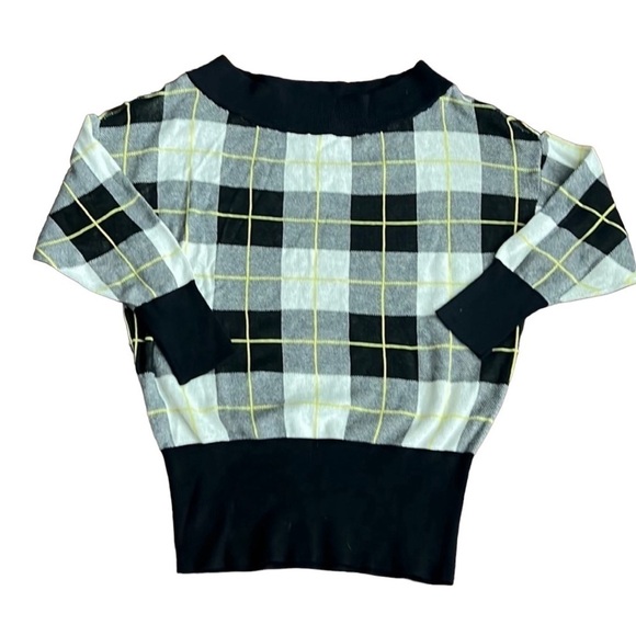 Express wide neck banded waist sweater black yellow and white plaid size S - Picture 1 of 4